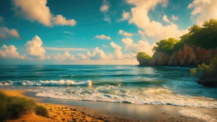 Poster - Serene tropical beach with gentle waves and lush green cliffs under a dramatic sky filled with clouds at sunset.