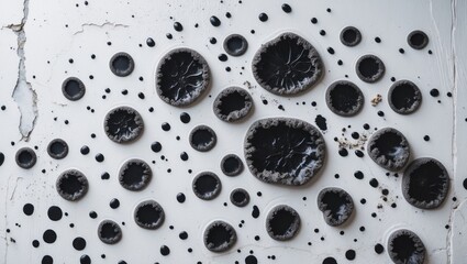 Fototapete - Black and white abstract pattern of organic shapes resembling fungi on cracked surface