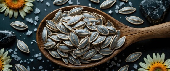 Poster - Sunflower seeds in a wooden spoon surrounded by salt crystals and decorative flowers on a dark background