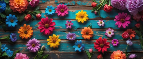 Poster - Colorful assortment of artificial flowers arranged on a weathered wooden background in various shapes and sizes
