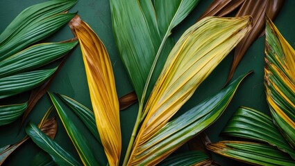 Aufkleber - Green and yellow tropical palm leaves on a dark background in a flat lay composition. Natural textures and patterns of foliage.