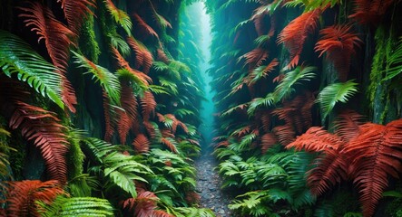 Poster - Vibrant green and red fern foliage lining a narrow forest pathway creating a lush natural corridor in soft light