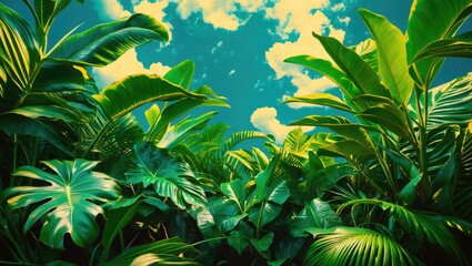 Poster - Lush tropical foliage with vibrant green leaves against a bright blue sky and scattered clouds creating a tranquil natural background.