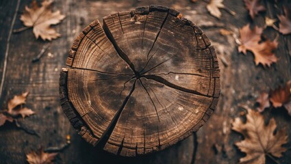 Poster - Natural wood tree stump texture with detailed patterns and autumn leaves surrounding it on a rustic wooden background.