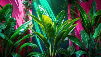 Poster - Vibrant tropical plant leaves in a colorful background creating an artistic and fresh atmosphere for design and decoration purposes.