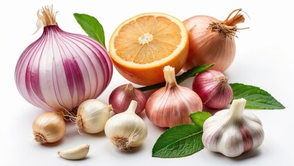 Poster - Variety of onions garlic and half an orange on a white background with green leaves arranged in a composition for food photography