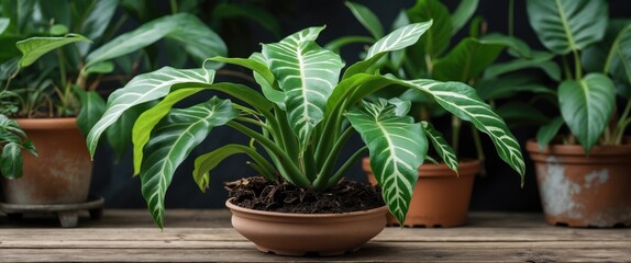 Poster - Foliage plant in ceramic pot with rich green leaves on wooden table surrounded by other potted plants in natural light setting