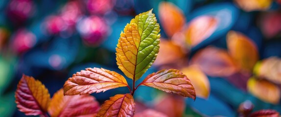 Aufkleber - Colorful leaves in autumn with a vibrant gradient from green to yellow and orange, blurred floral background in soft focus.