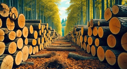 Poster - Logs stacked along a forest pathway with vibrant autumn foliage and tall trees in the background under a bright blue sky