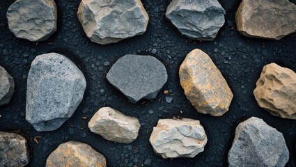 Poster - Different shapes and sizes of gray and beige rocks arranged on a dark gravel surface background