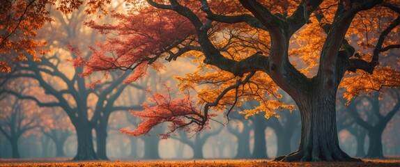 Poster - Autumn landscape with vibrant orange and red trees in a misty forest setting during golden hour light