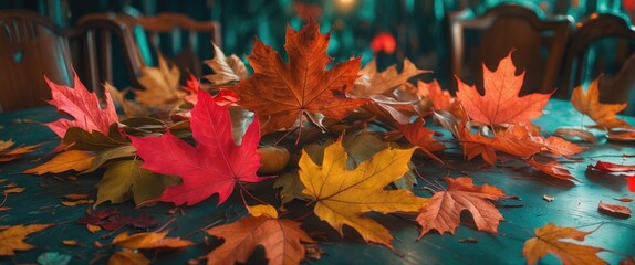 Poster - Vibrant autumn leaves in warm colors scattered on a rustic wooden table creating a cozy seasonal atmosphere.