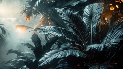Poster - Tropical leaves in vibrant black and white tones surrounded by misty atmosphere and soft light for a tranquil nature backdrop.