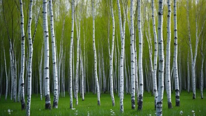 Poster - Serene birch forest with vibrant green foliage in spring showcasing nature's tranquility and beauty in a captivating outdoor landscape.