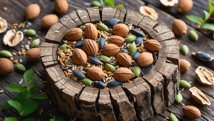Aufkleber - Mix of various nuts and seeds in a wooden bowl on rustic wooden background surrounded by scattered nuts and leaves.