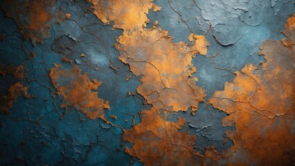 Aufkleber - Textured surface with blue and orange weathered paint peeling off creating an abstract background pattern