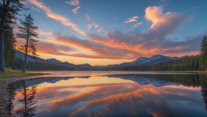 Poster - Scenic Landscape at Sunset with Lake Reflections and Trees in the Foreground Ideal for Home and Office Decor with Empty Space for Text
