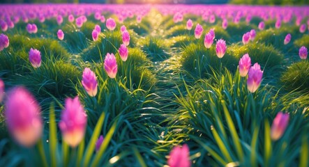 Aufkleber - Field of blooming pink tulips surrounded by lush green grass under sunlight in a vibrant garden setting.