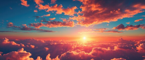 Poster - Stunning sunset sky with vibrant clouds and sun illuminating the horizon, ideal for background or texture in design projects.