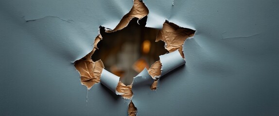 Leinwandbilder - Close-up of torn paper revealing blurred background through damaged wall surface in indoor setting