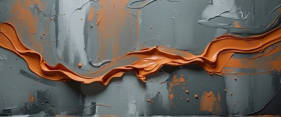 Fototapete - Abstract gray-brown canvas background with dynamic orange paint smears creating a textured artistic effect suitable for various design projects.