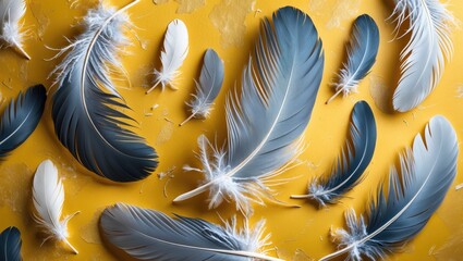 Poster - Gray bird feathers elegantly arranged on a vibrant yellow background, creating a striking visual texture and calming aesthetic.