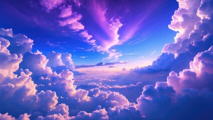 Poster - Stunning violet and blue sky with fluffy clouds illuminated by soft sunlight during twilight serene atmospheric landscape background