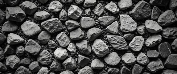 Wall Mural - Textured black and white background featuring crushed stones of various sizes ideal for design and artistic projects.