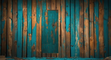 Poster - Colorful rustic wooden wall with blue and brown tones, featuring weathered planks and a central door panel for creative backgrounds.