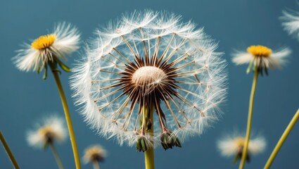 Poster - Dandelion seeds with yellow flowers against a blue background in a close-up composition showcasing delicate textures and patterns.