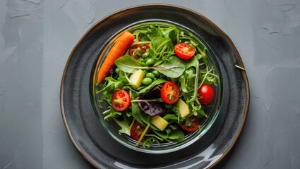 Poster - Fresh green salad with cherry tomatoes, cucumber, carrots, and mixed greens in a glass bowl on a dark plate against a textured background.