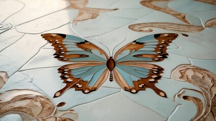 Poster - Elegant floor design featuring a beautifully detailed butterfly motif in soft blue and natural tones.