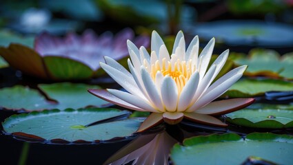 Poster - White water lily blooming on calm pond surface surrounded by green lily pads and soft reflections in still water