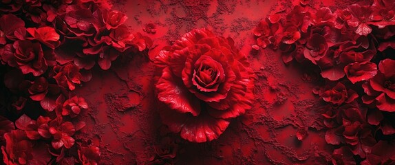 Poster - Red floral arrangement with layered roses on a textured dark background capturing various shades of red in a decorative layout