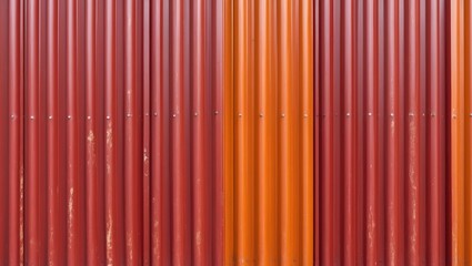 Poster - Corroded metal wall with vertical ribbed panels in shades of red and orange showcasing texture and colors in industrial design elements
