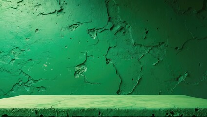 Poster - Textured green cement table surface with a cracked wall background for artistic presentations and design projects.