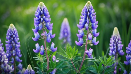 Poster - Vibrant close-up of purple lupine flowers with lush green leaves set against a soft blurred background capturing the essence of spring.