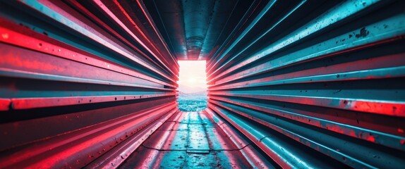 Poster - Tunnel perspective with metallic walls illuminated by colorful lights creating a vivid contrast and visual depth outside.