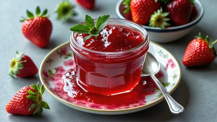 Poster - Strawberry jam in a glass jar with fresh strawberries and mint leaves on a decorative plate and a spoon on a gray background