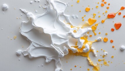 Poster - Abstract watercolor composition with white and orange paint splashes on textured background, ideal for artistic and creative designs.