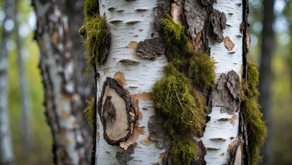 Poster - Birch tree bark with green moss highlighting nature's textures in a serene forest setting ideal for organic and environmental themes.