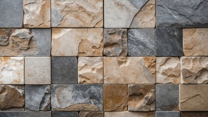 Poster - Textured stone wall surface with various shades of gray and beige natural stone tiles arranged in a geometric pattern