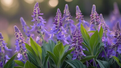 Poster - Vibrant purple flowers surrounded by lush green leaves catching the morning light in a serene garden setting.