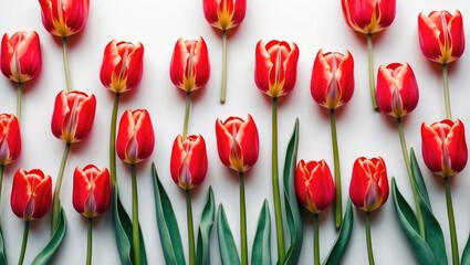 Poster - Vibrant red tulips arranged elegantly on a clean white background showcasing natural beauty and floral elegance.