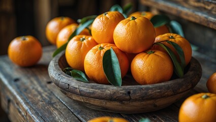 Aufkleber - Fresh oranges with green leaves arranged in a rustic wooden bowl on a weathered wooden table