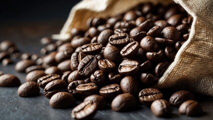 Poster - Coffee beans spilling out of burlap sack on dark wooden surface with rich textures and near focus detail