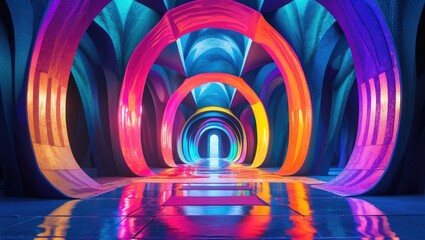 Poster - Colorful abstract architectural corridor with vibrant lighting and reflections, creating a futuristic and immersive atmosphere.