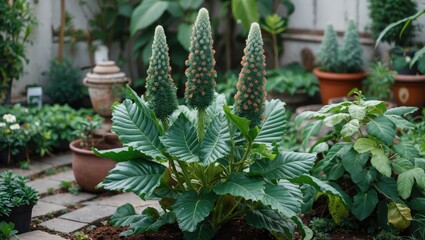 Poster - Tropical plant with unique conical flower spikes and large green leaves in a lush garden setting with various other plants and pots