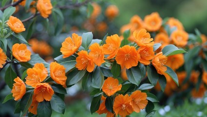 Poster - Orange flowering tree branches with lush green leaves in a blurred natural background. High detail floral composition.