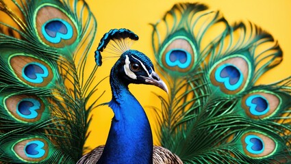 Poster - Elegant peacock displaying vibrant blue and green feathers with intricate details against a striking yellow background in this beautiful banner image.